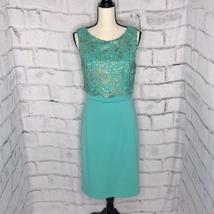 Eva Franco Teal Green Gold Lace Popover Sleeveless Sheath Dress Size 10